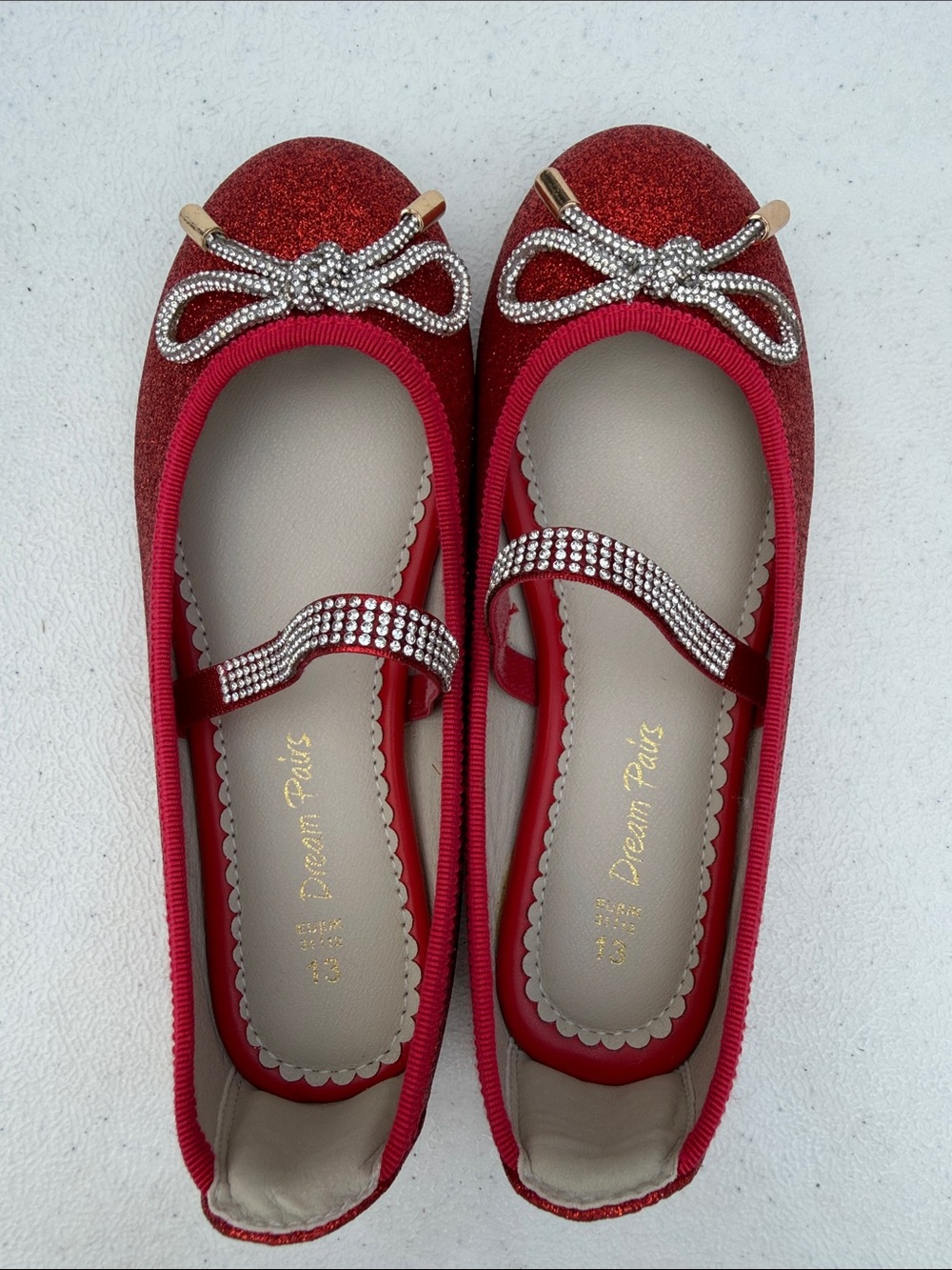 Girls' Red Glitter Mary Jane Flats with Rhinestone Bow